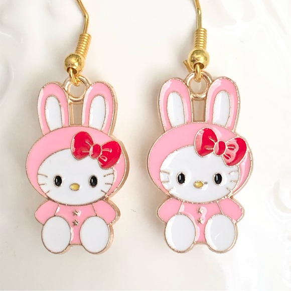 New Hello Kitty Pastel Pink Dangling Bunny Love Earrings Cat Cartoon Animal Cute - Picture 4 of 4